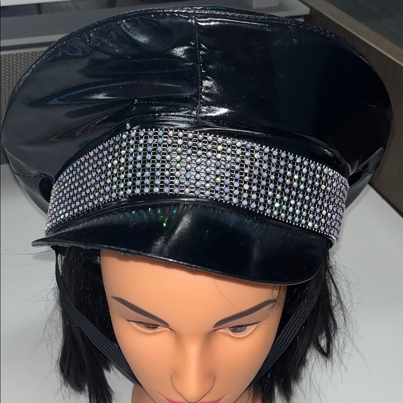 Leg Avenue Accessories - Leg Avenue Shiny faux leather Black Cap with Rhinestone Band & chin strap